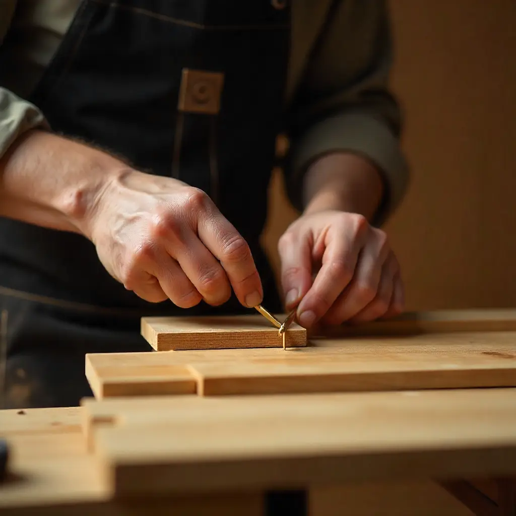 Skilled craftsman carefully assembling wooden furniture with precision tools